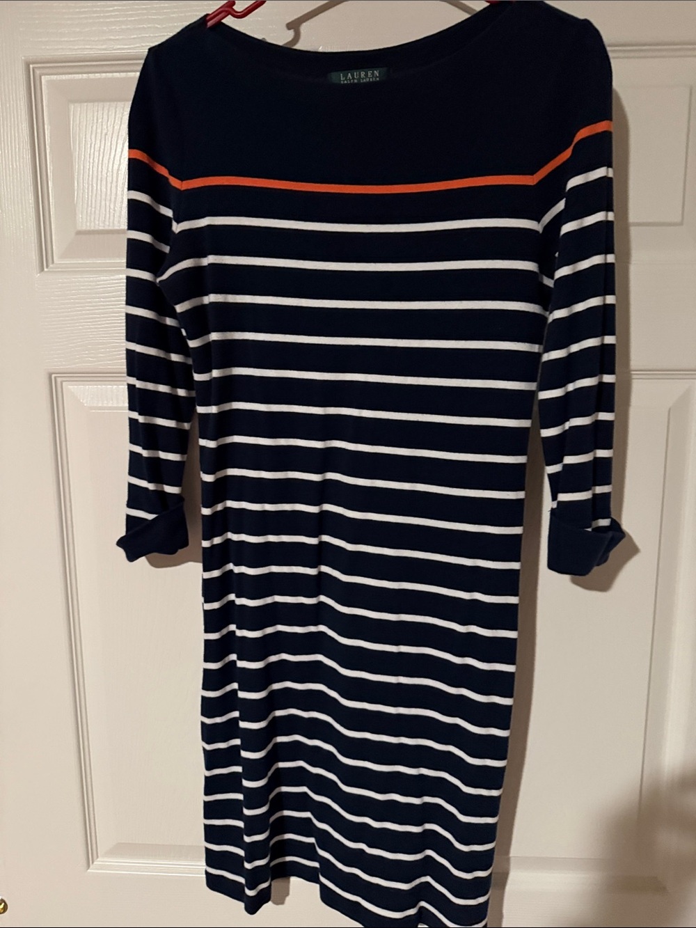 Lauren Ralph Lauren Navy and White Striped Boatneck Dress with Orange Trim